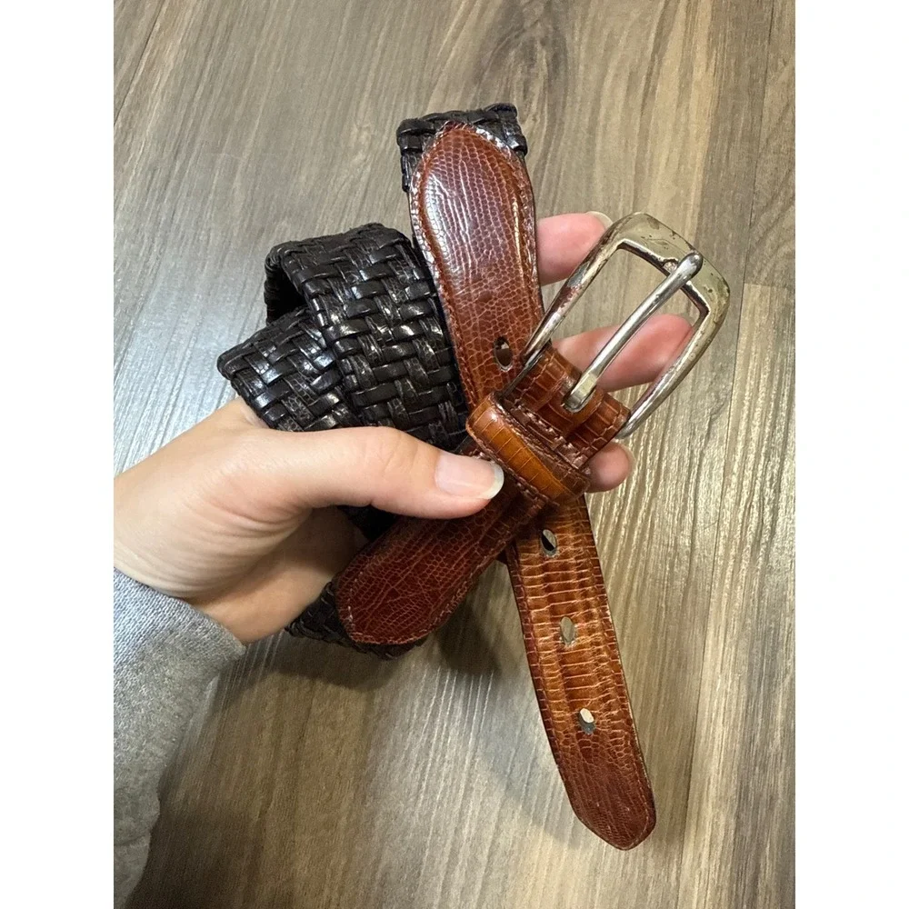 Brighton Belt Mens 38 Brown Woven Leather Two-Toned Lizard Embossed